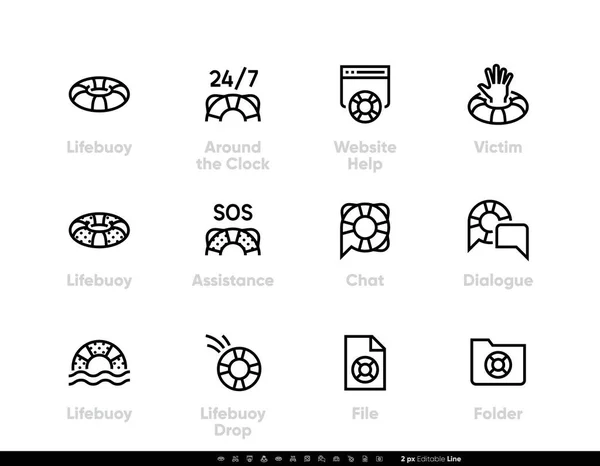 Support Service icons. Lifebuoy, SOS, Chat. Editable stroke vector set on white — Stock Vector