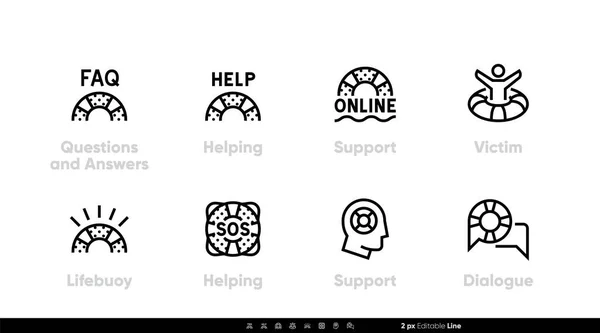 Lifebuoy Desteği, Faq, Çevrimiçi Destek simgeleri. Düzenlenebilir çizgi vektörü — Stok Vektör