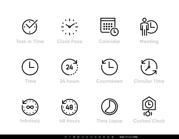 Tijd, Taak, Klok, Kalender, Ontmoeting, 24 uur, Lapse icon set bewerkbare lijn vector illustratie op wit — Stockvector