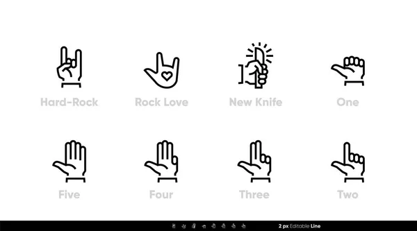 हाताचा इशारा ओळ चिन्ह. रॉक, प्रेम, हातात चाकू. क्रमांक असलेले बोट सेट. पांढरा, मानवी हातांच्या वेगळ्या वेक्टर स्पष्टीकरण वर संपादित ओळ स्ट्रोक — स्टॉक व्हेक्टर
