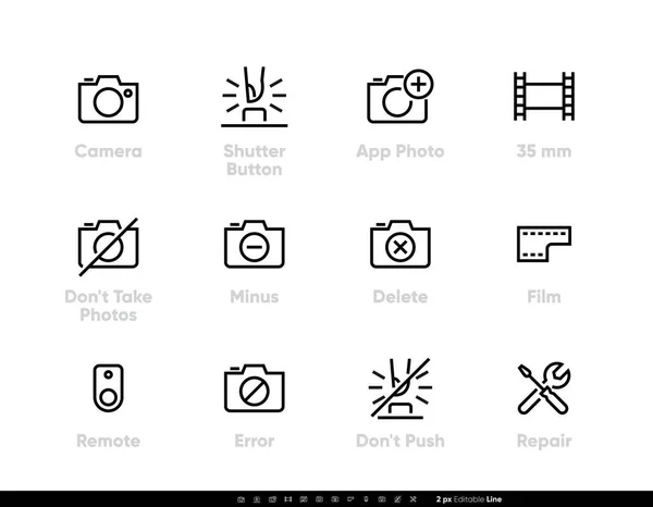 Camera en foto Vintage icoon. Shutter, film, afstandsbediening. Aanpasbare lijnslag op witte, geïsoleerde vectorillustratie — Stockvector