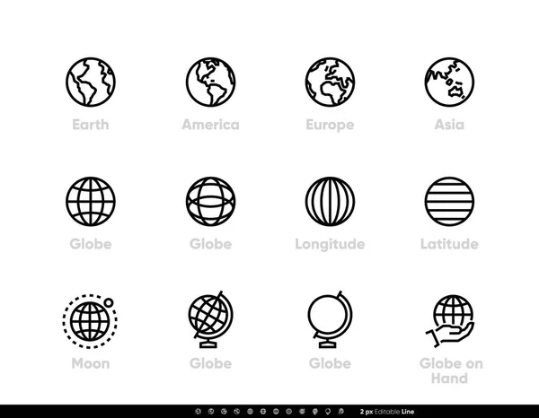 Globe and Continents Icônes de lignes éditables — Image vectorielle