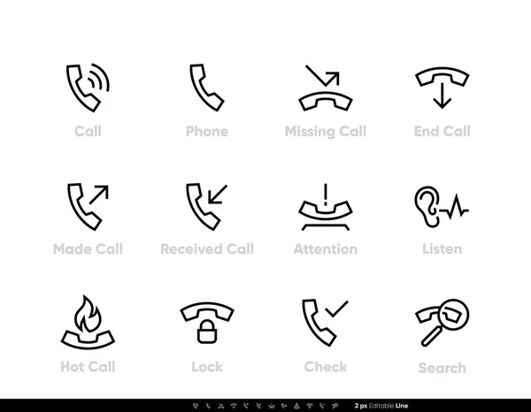 Phone Call Statuses icons. Missing Call, Hot, Attention Ring, Lock Phone. Editable stroke vector line — Stock Vector