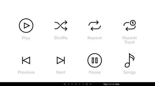 Canciones e iconos UI de Control de Música. Play, Shuffle, Repeat Track, Next, Previous and Pause vector set. vector de línea editable — Archivo Imágenes Vectoriales