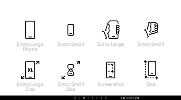 Teléfono, diferentes tamaños y especificaciones. Tamaños grandes, pequeños y extra grandes e iconos de captura de pantalla, Conjunto vectorial editable de línea. — Archivo Imágenes Vectoriales