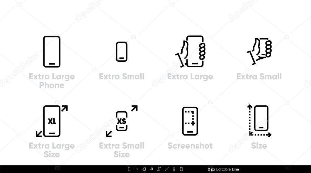 Phone, different sizes and specifications. Large, small and extra large sizes and screenshot icons, Editable line vector set