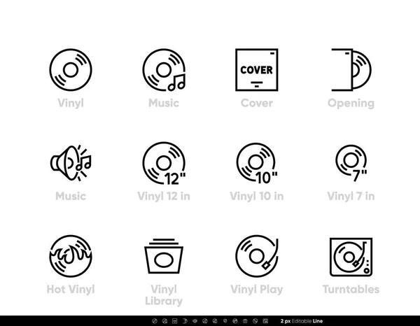 Icono de Vinyl Music. Diferentes Sizes de Placas, LP, Hot, Biblioteca Artista, Covers y Turntables conjunto. pictogramas vectoriales editables — Vector de stock