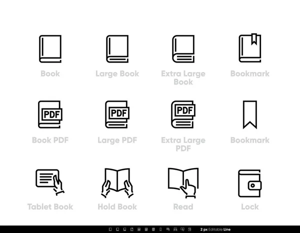 Verschillende maten Boeken pictogrammen. PDF-documenten, Bladwijzer, Boek in de hand, Gesloten boek, Tablet lezen. Aanpasbare lijn vector set — Stockvector