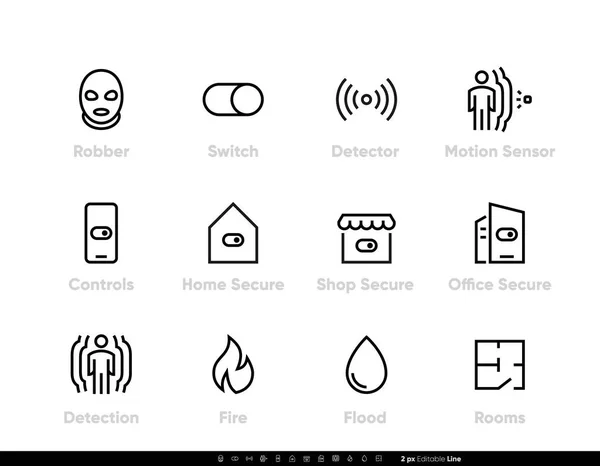 Robber Detectors and Security icons. Protection, Switch, Motion Sensor, Fire, Flood, Room, Control. Office, Home and Shop Secure Network Protection. Editable line vector set — Stock Vector