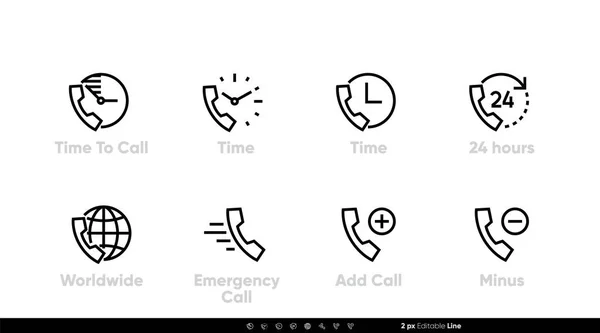 Telefonsamtal eller Smartphone ikoner. 24 timmar Nödsamtal, i tid. Redigerbar vektorlinje inställd — Stock vektor