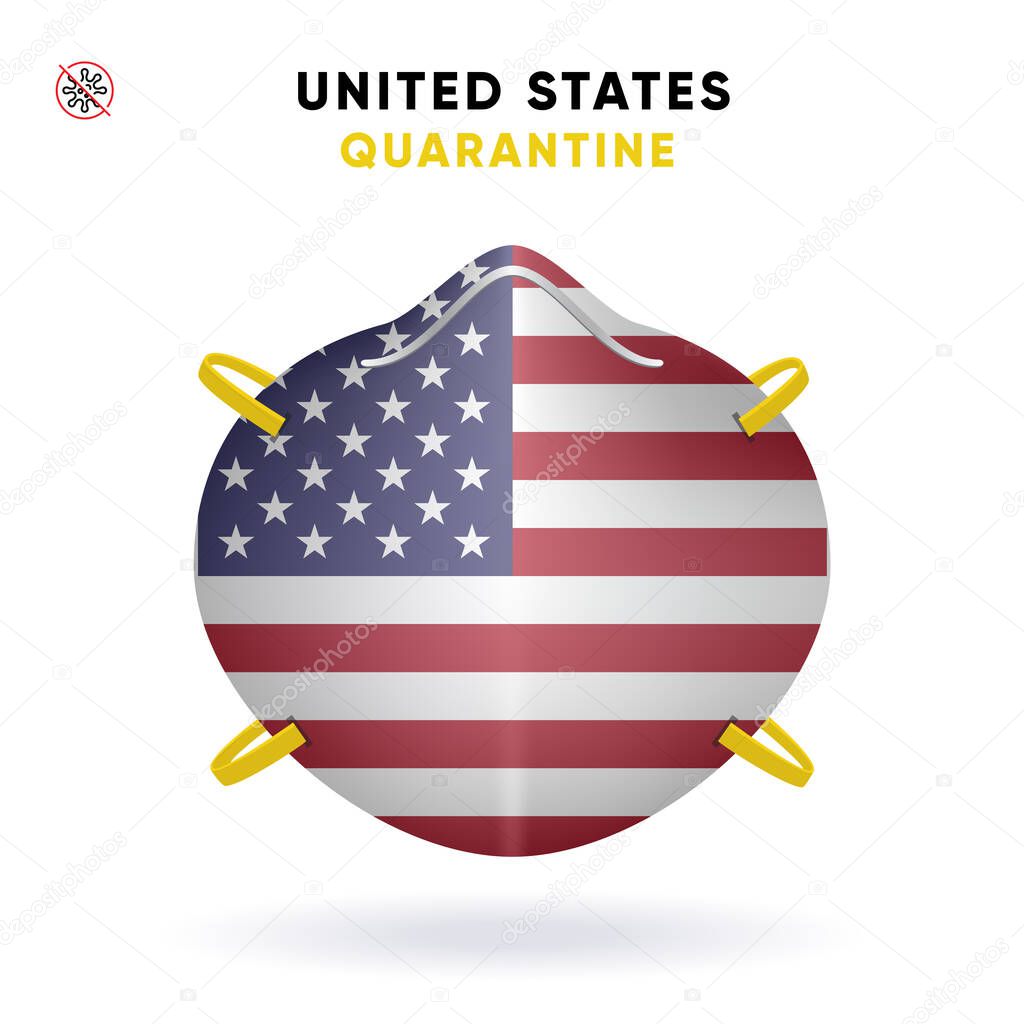 United States Quarantine Mask with Flag. Medical Precaution Concept. Vector illustration Coronavirus isolated on white background. Template Danger of Coronavirus