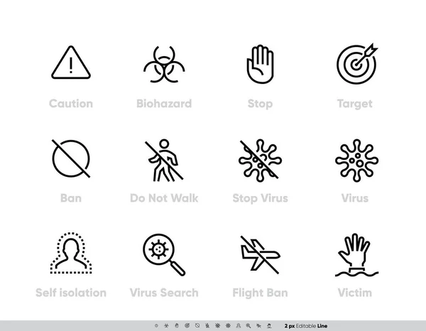 Simple Set of Coronavirus and Virus Epidemic. Caution Biohazard, Stop, Target, Do Not Walk, Virus Search, Self isolation, Victim and more. Vector Editable line icons — Stock Vector