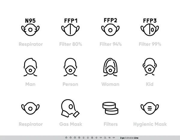 Breathing Medical Respiratory Class N95, FFP1, FFP2, FFP3 icons set. Virus and Dust Protection. Corona Masks. Anti-dust, flue, against viruses flue, aviaire, SARS, corona, COVID-19. — Stock Vector