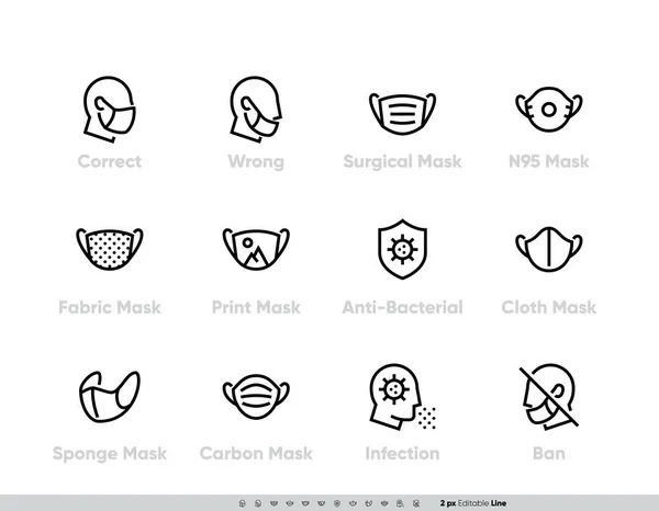 Protective Medical Face Mask icon set. Safety breathing Masks Surgical, Flu Virus Epidemic Prevention, Industrial safety N95, Respirator, Fabric, Sponge and Ban Without Mask rules for Hospital website — Stock Vector