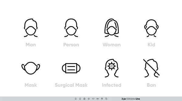Medical Facemask icon vector set. Smog dust PM2.5, Danger Virus, Corona, Protective Using Surgical Mask for Man, Person, Women, Kid. Editable Line — Stock Vector