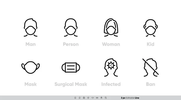 Juego de vectores de icono de máscara facial médica. Polvo de niebla PM2.5, Virus del Peligro, Corona, Máscara Quirúrgica Protectora Usando para Hombre, Persona, Mujeres, Niño. Línea editable — Vector de stock