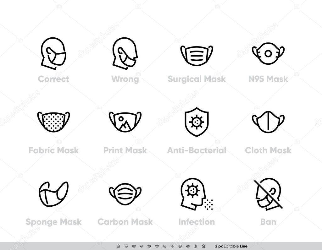 Protective Medical Face Mask icon set. Safety breathing Masks Surgical, Flu Virus Epidemic Prevention, Industrial safety N95, Respirator, Fabric, Sponge and Ban Without Mask rules for Hospital website