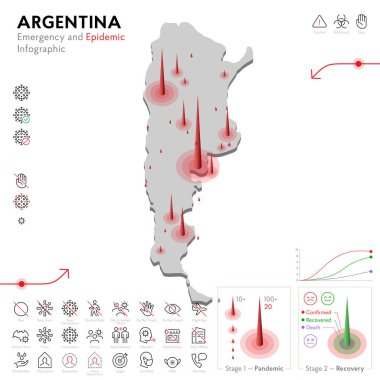 Arjantin Salgın ve Karantina Acil Durum Bilgi Şablonu haritası. Salgın İstatistikleri için düzenlenebilir satır simgeleri. Virüsün temsili, Coronavirüs, Epidemiyoloji koruması. İzole edilmiş