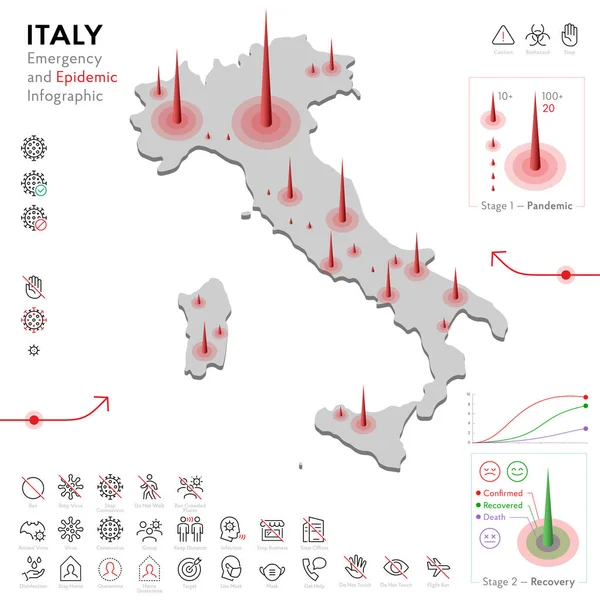 Карта Италии Epidemic and Quarantine Emergency Infographic Template. Редактируемые иконки линии для статистики пандемии. Векторная иллюстрация вируса, коронавируса, эпидемиологическая защита. Isolated — стоковый вектор