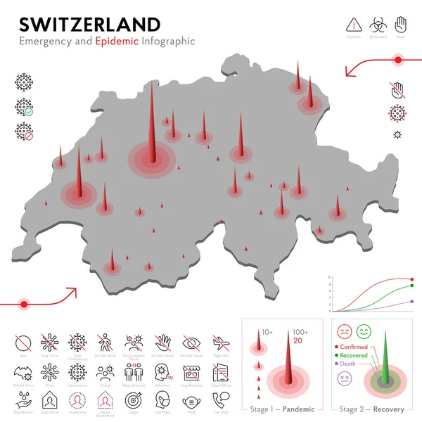 Kaart van Zwitserland Epidemic and Quarantine Emergency Infographic Template. Bewerkbare Line iconen voor pandemische statistieken. Vector illustratie van Virus, Coronavirus, Epidemiologie bescherming. geïsoleerd — Stockvector