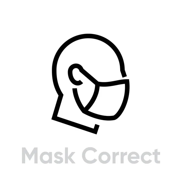 Máscara correcta Desgaste icono. Vector de línea editable . — Vector de stock