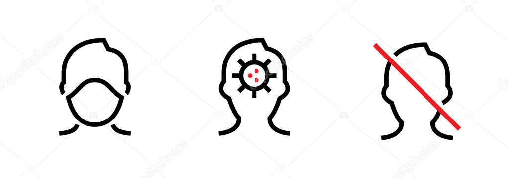 Set of respirator man, infected and ban. Editable line vector. A male face in a medical mask, with the logo of a bacterium and is crossed by a red line. Group pictogram.