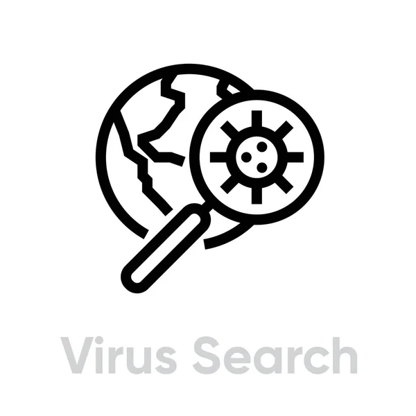 Virus i förstoringsglas på jorden ikonen. Redigerbar linje vektor. — Stock vektor