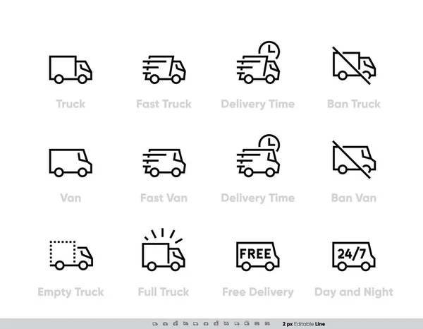 Conjunto de iconos de camión de entrega. Camión rápido, minibús, furgoneta, entrega a tiempo, prohibición, entrega gratuita 24-7. Línea editable vectorial — Archivo Imágenes Vectoriales