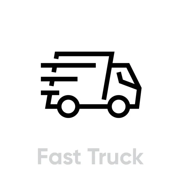 Ícone de vetor de caminhão de entrega rápida. Caminhão de transporte monta rápido com listras de velocidade. Linha editável — Vetor de Stock