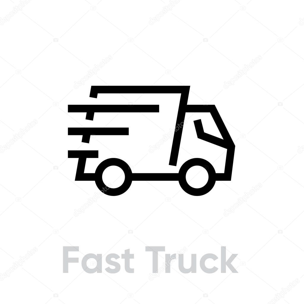 Fast Delivery Truck vector icon. Shipping truck rides fast with stripes of speed. Editable line