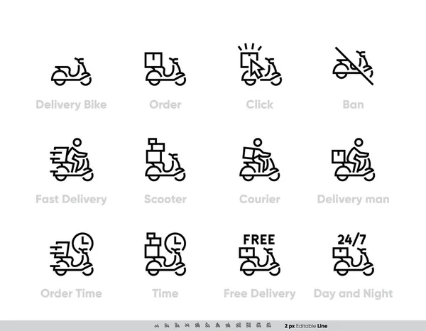 Доставка Швидка доставка набір піктограм. Замовлення, скутер, час замовлення, безкоштовна доставка Піктограма Відредагований контур дизайну для додатків і веб-сайтів — стоковий вектор