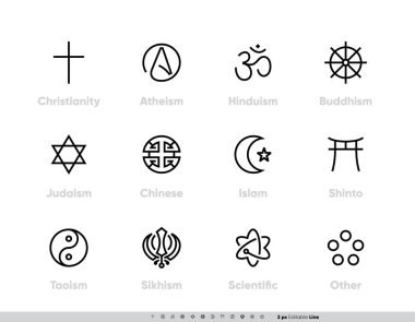 Dini Gelenek Sembolleri ayarlandı. Hıristiyanlık, Ateizm, Hinduizm, Budizm, Yahudilik, Çince, İslam, Şinto, Taoizm, Sikdizm, Bilimsel ve diğerleri. Düzenlenebilir Çizgi Vuruşu. Bir Biçim Vektörü