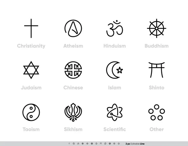 Символы религиозной традиции установлены. Христианство, атеизм, индуизм, буддизм, иудаизм, китайский, ислам, синтоизм, даосизм, сикхизм, наука и другие. Столовая линия. Вектор одного стиля — стоковый вектор