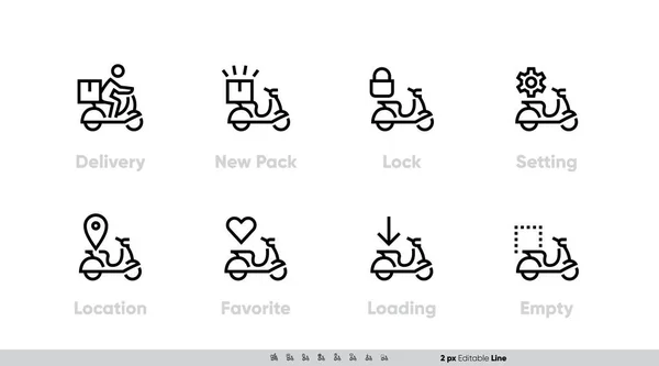Yemek Siparişi Servisi web sitesi ve uygulamaları için Sevkiyat Çevrimiçi simgesi ayarlandı. Motosiklet konumu, yükleme. Vektör Düzenlenebilir Satır Tasarımı — Stok Vektör
