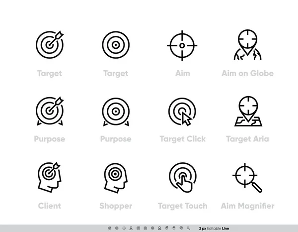 Icônes de cible et d'objectif définies. Client, ciblage, cible Aria, loupe. Trajectoire vectorielle modifiable, pictogrammes de proportions parfaites — Image vectorielle