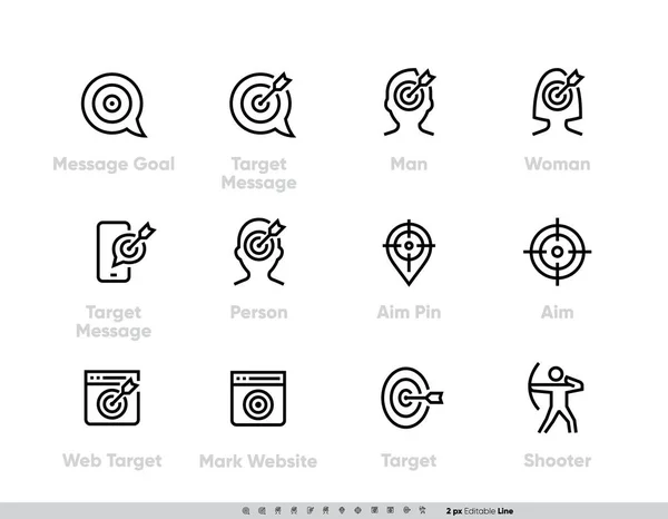 메시지 골 (Message Goal) 과 Personal Targeting line icons set. 2017 년 1 월 27 일에 확인 함 . Target Message, Man, Woman, Person with Targets, Aim Pin, Mark Target Website and Shooter. Editable line stroke pictogram — 스톡 벡터