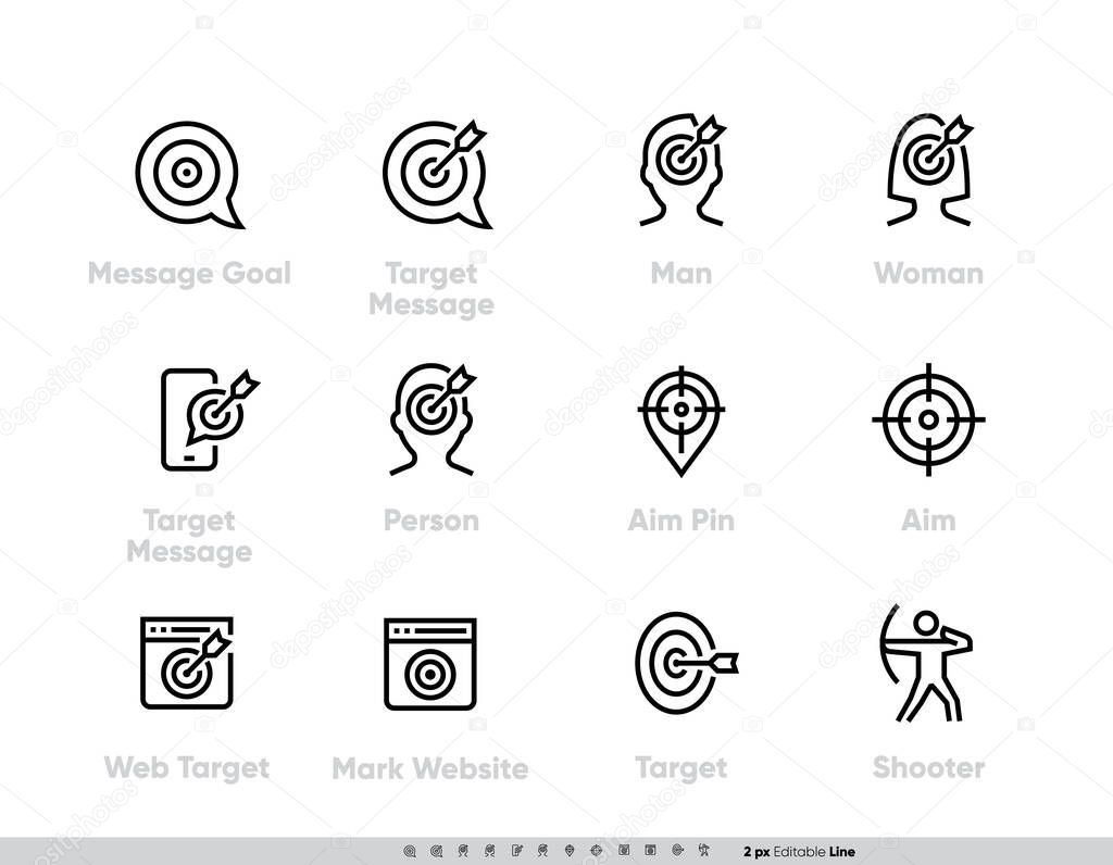 Message Goal and Personal Targeting line icons set. Target Message, Man, Woman, Person with Targets, Aim Pin, Mark Target Website and Shooter. Editable line stroke pictogram