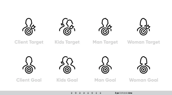 Icon Set von Zielgruppen für Kunden, Frauen, Männer, Kinder und andere Personen. Silhouette mit Zielscheibe und Pfeil für Business-Präsentationen und Website. Editierbares Linienstrich-Piktogramm — Stockvektor