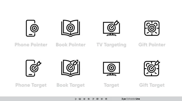 Target on Phone icon set. Pointer, Book, TV, Media and Gift Aim. Vector editable line stroke pictogram — Stock Vector