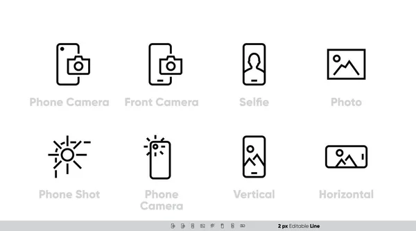 Handykamera, Front- und Rückobjektiv-Icon-Set. Selfie, Shot, Vertikal, Horizontal Foto. Editierbarer Linienvektor — Stockvektor