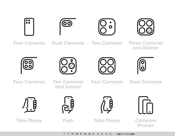 Phone Multi-camera Systems icons set. Ultra Wide, Wide, Telephoto Cameras, Scanner, AR, Lidar — Stock Vector