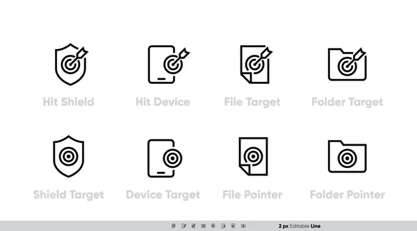 Targets and Mission icons vector set. Hit Shield, Device, Target, File, Folder with Arrows. Editable outline stroke pictograms — Stock Vector