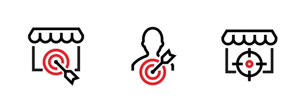 Ensemble de boutiques, de clients et de marchés avec des icônes Red Goal Target Business. Vecteur de ligne modifiable. — Image vectorielle