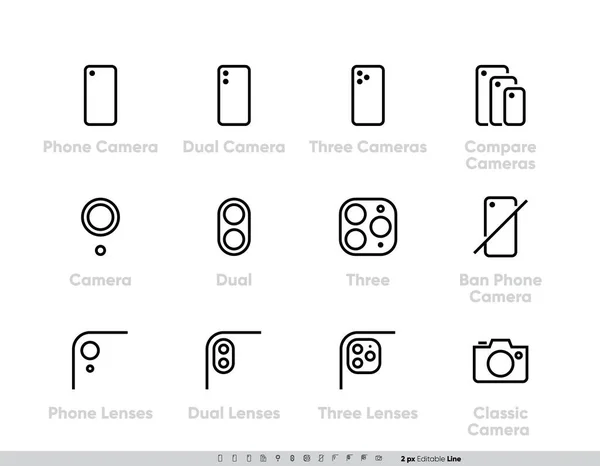 Phone Pro Camera with Scanner AR icon set. One, Dual, Three, Compare Cameras and Ban Phone Camera. Transformative, Camera System. Editable Line vector — Stock Vector