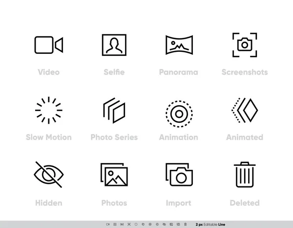 Media Files vector icon set. Camera And Photography set with Selfie, Panorama, Screenshots, Slow Motion, Photo, Series, Animation, Animated, Hidden Photos, Import and Delete Line icons for Photo App — Stock Vector