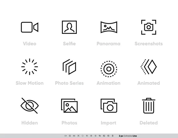 Conjunto de ícones vetoriais Arquivos de mídia. Camera And Photography set with Selfie, Panorama, Screenshots, Slow Motion, Foto, Série, Animação, Animação, Fotos ocultas, Importar e excluir ícones de linha para Photo App — Vetor de Stock