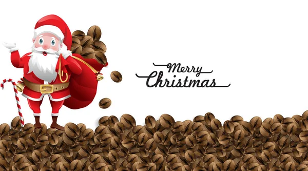 Ευτυχισμένος αστείος Άγιος Βασίλης κρατώντας τσάντα γεμάτη κόκκους καφέ για χριστουγεννιάτικο δώρο και δώρο με χαιρετισμό και χαιρετισμό. Χειμερινές διακοπές έννοια σε λευκό φόντο. Η μυρωδιά των Χριστουγέννων. - Διάνυσμα — Διανυσματικό Αρχείο