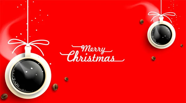 Kırmızı arka planda noel süsleri ve kahve çekirdekleri olan bir fincan kahve. Sıcak içecek noel kokuyor. Basit bir kavram. Kış kahvecisi geçmişi. - Vektör