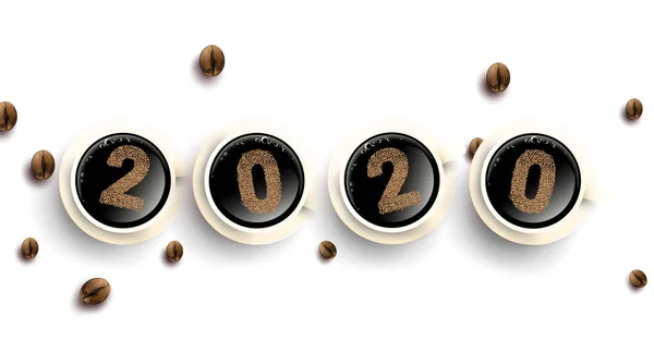 Diseño de números de texto de granos de café 2020. Una taza de café caliente con polvo. Concepto simple. - Vector — Vector de stock