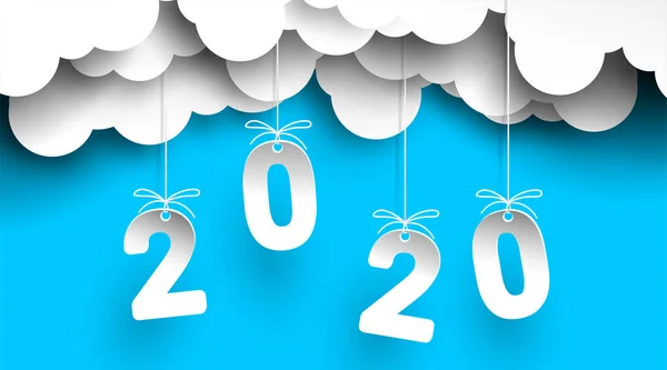Diseño de Año Nuevo 2020 en el fondo del cielo con número de nubes en corte de papel y estilo artesanal para sus volantes, saludos y tarjetas de invitaciones. Color blanco y sencillo 2020 en fondo azul. - Vector . — Vector de stock